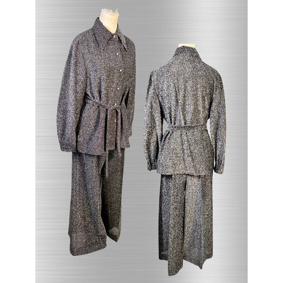 Vintage 70s Personal Black Silver Lurex Button Down Palazzo Pant Set L/XL - Picture 2 of 5